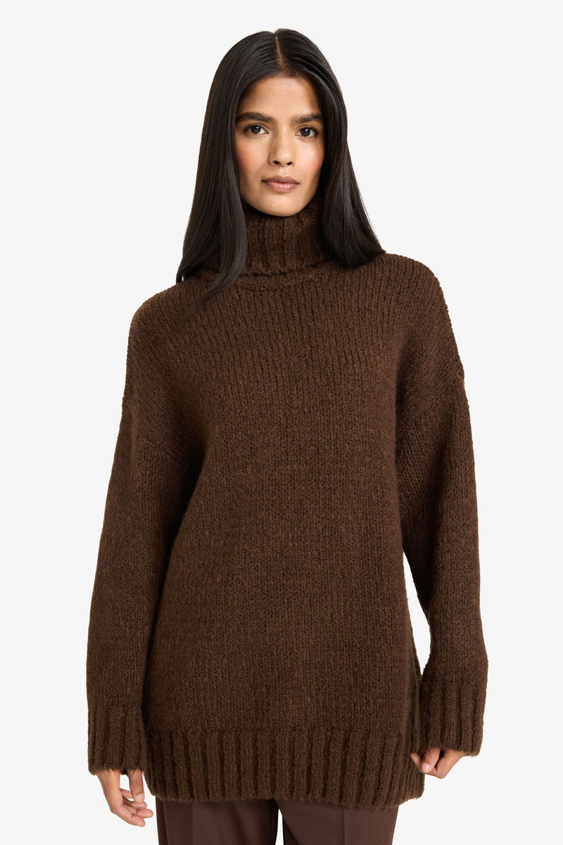 DeFacto Brown Woman Oversize Turtleneck Pullover Casual - Image 3